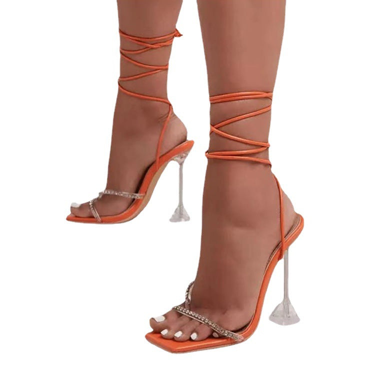 Plus Size Women's Rhinestone Lace-Up Sandals with Heel
