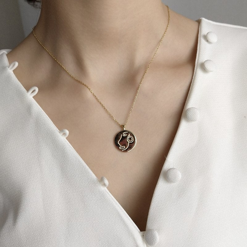 Abstract Face Necklace, Silver Chain Necklace