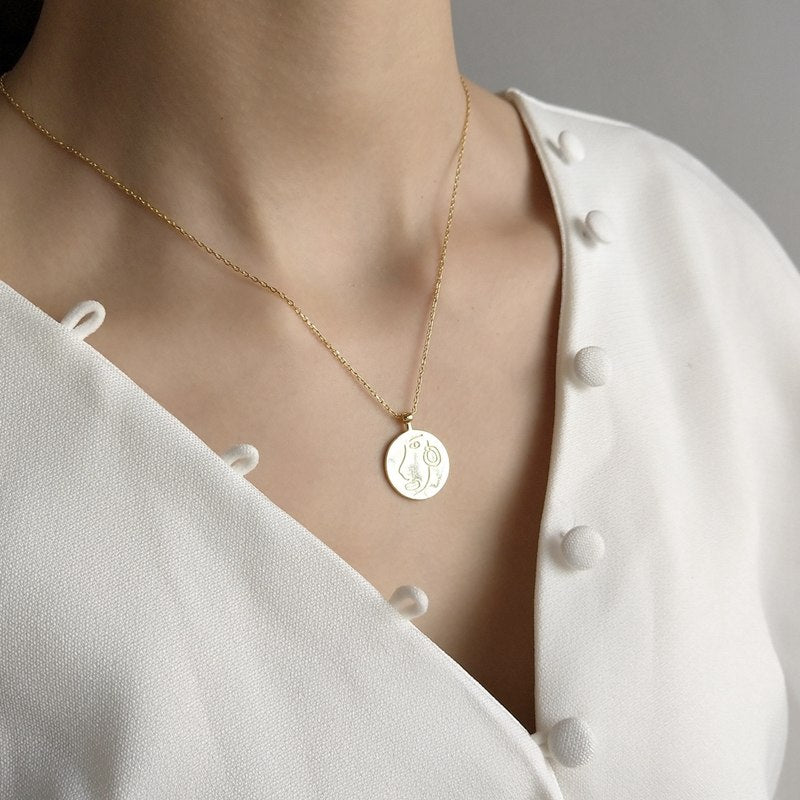Abstract Face Necklace, Silver Chain Necklace