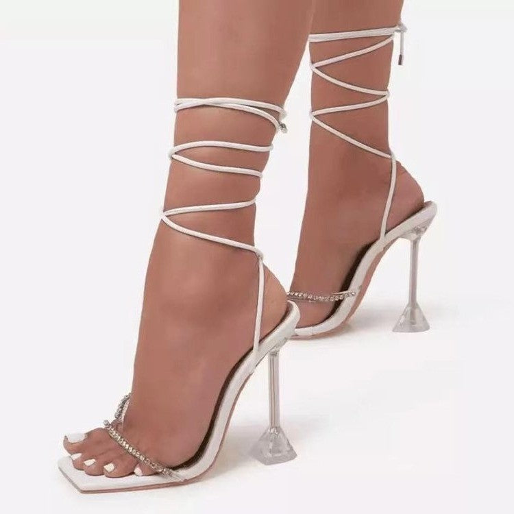 Plus Size Women's Rhinestone Lace-Up Sandals with Heel