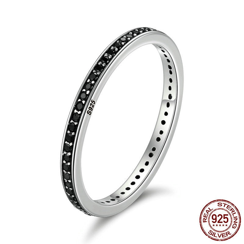 Elegant Women's Black Zircon S925 Sterling Silver Ring