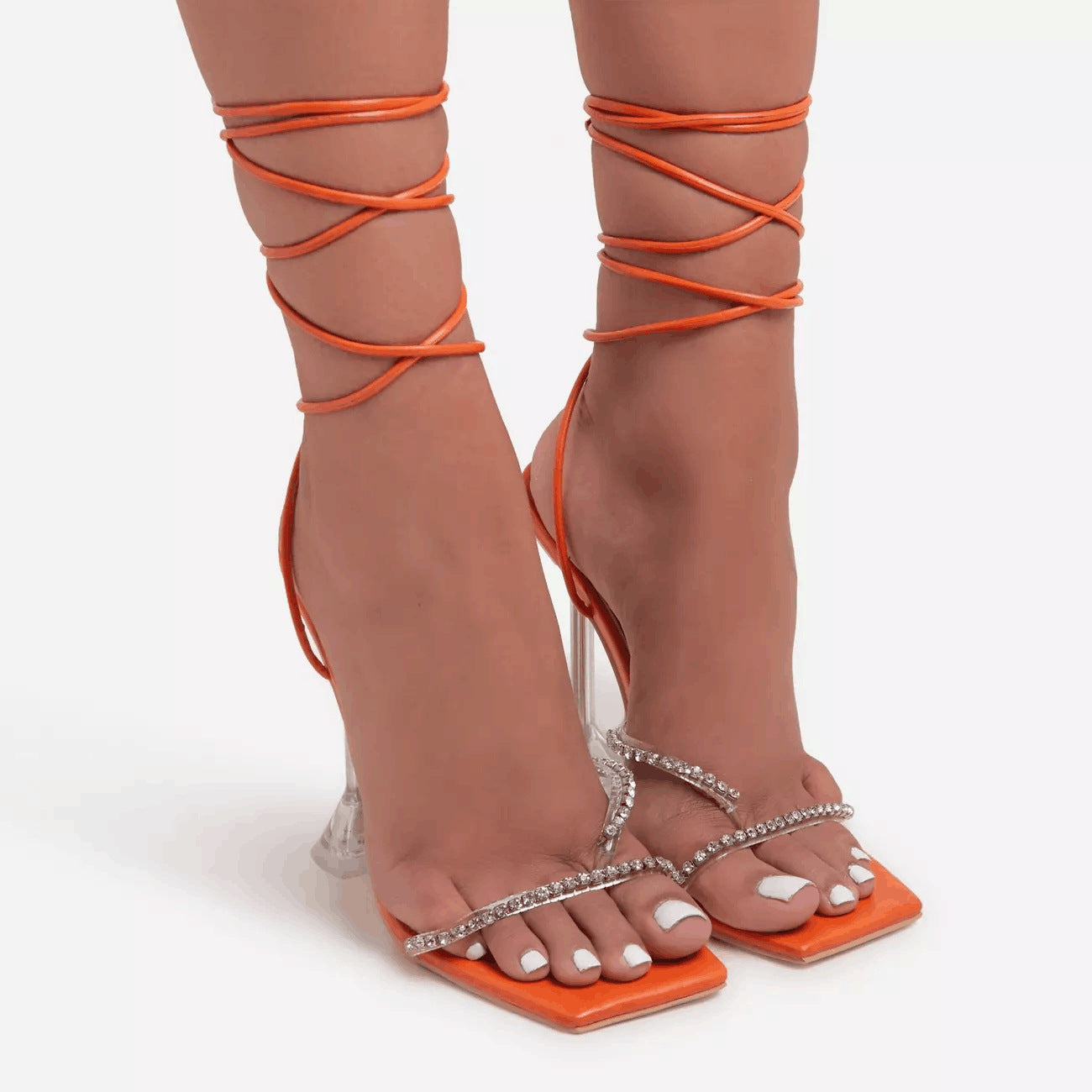 Plus Size Women's Rhinestone Lace-Up Sandals with Heel